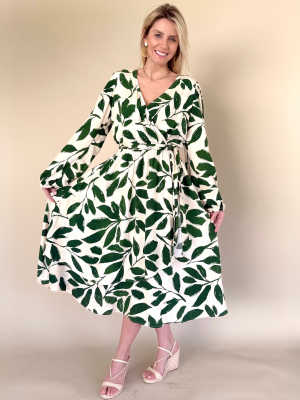 Vestido largo “Isabella” estampado flores verdes mangas largas