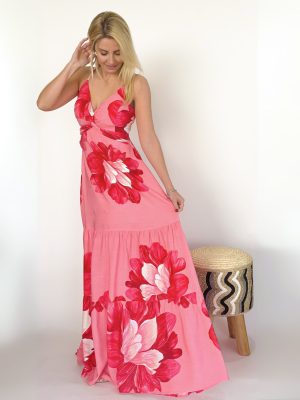 Vestido largo Floral rosa con tirantes finos y lazo en espalda