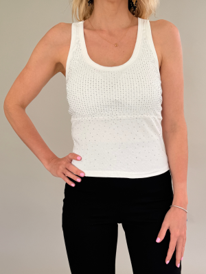 Polera blanca sin mangas con aplicaciones de brillos
