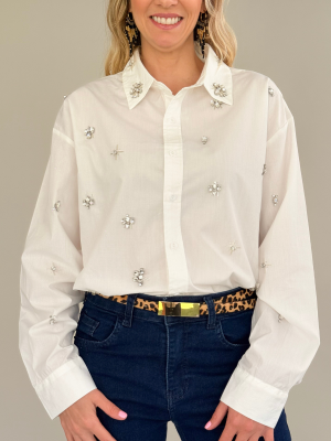 Camisa blanca manga larga con aplicaciones de strass